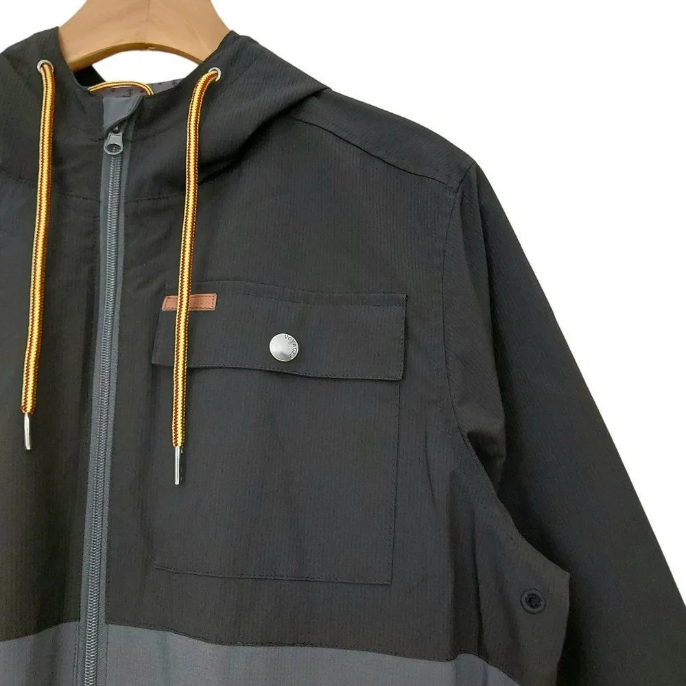 Voyager Windbreaker Jacket Mens Medium Gray Black Hooded Full Zip Waterproof
